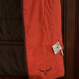 Cowgirl, tough, sleeveless, puffer, burnt orange color